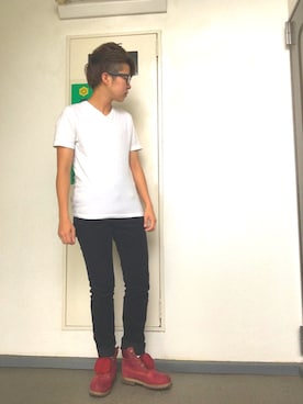 「Timberland（ティンバーランド）のアイテム（ブーツ、レッド系）」を使った、永瀬さん（メンズ・160cm・20代）の秋コーディネート