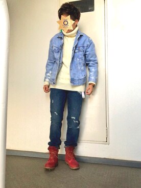 「Timberland（ティンバーランド）のアイテム（ブーツ、レッド系）」を使った、永瀬さん（メンズ・160cm・20代）の冬コーディネート