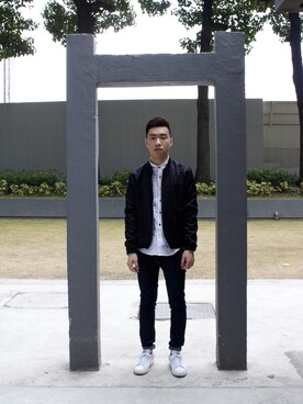 「H&M（エイチ・アンド・エム）のアイテム（ノーカラージャケット）」を使った、RayChanさん（メンズ・171cm）の冬コーディネート