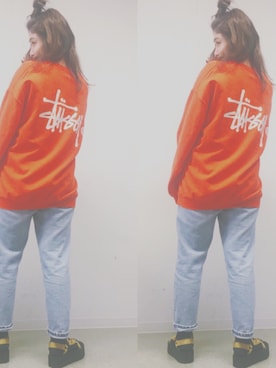 「Stussy Women（ステューシーウィメン）のBig Basic Logo Crew（スウェット、オレンジ系）」を使った、mizukittyさん（レディース・161cm）の春コーディネート
