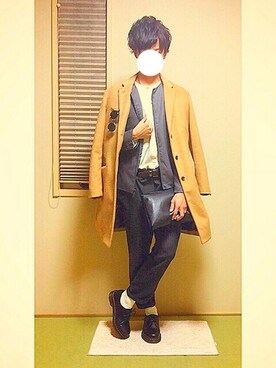 「ノーカラー」｜「アイテム（チェスターコート）」を使った、武田湧貴さん（メンズ・178cm）の冬コーディネート