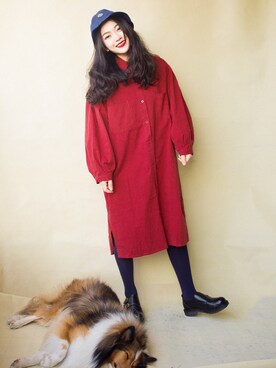「アイテム（シャツワンピース、レッド系）」を使った、SLFB_VINTAGEさん（レディース・152cm）の冬コーディネート