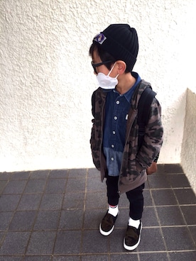 「アイテム（モカシン/デッキシューズ、グリーン系）」を使った、サム男とサム次さん（キッズ・120cm）の冬コーディネート