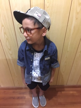 「BRONX（ブロンクス）のアイテム（キャップ）」を使った、サム男とサム次さん（キッズ・120cm）の夏コーディネート