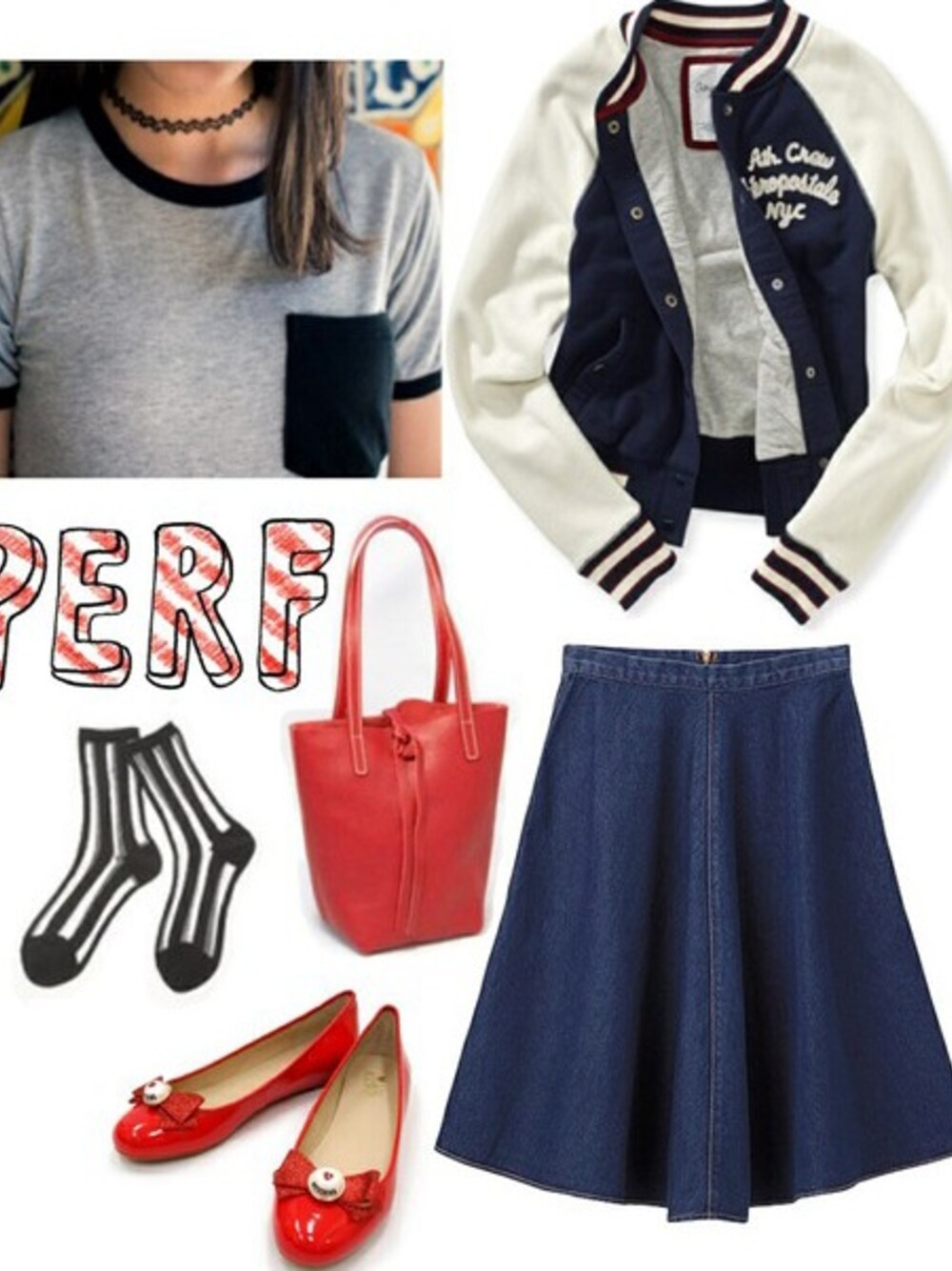「casual denim、red、GU、Aeropostale、MOSCHINO、brandymelville、skirt」｜「Brandy Melvilleのアイテム（Tシャツ/カットソー、グレー系）」を使った、夏子さん（レディース・161cm）の秋コーディネートの1枚目の写真
