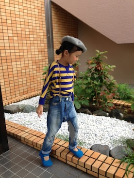 「ドルマンスリーブ」｜「アイテム（ハンチング/ベレー帽）」を使った、かりなさん（キッズ・120cm）の秋コーディネート
