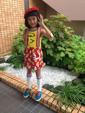 「花柄 スカート」｜「アイテム（ハンチング/ベレー帽）」を使った、かりなさん（キッズ・120cm）の夏コーディネート