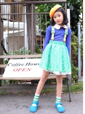 「One deux boo（ワンドゥーブー）のアイテム（スカート）」を使った、かりなさん（キッズ・123cm）の秋コーディネート