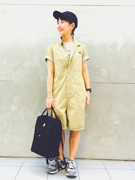 「アイテム（つなぎ/オールインワン、ベージュ系）」を使った、tomoyosonodaさん（レディース・158cm）の夏コーディネート