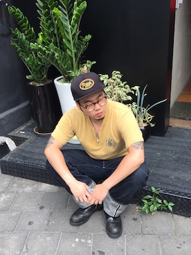 「RADIALL（ラディアル）のアイテム（キャップ）」を使った、hideandrideさん（メンズ・170cm）の夏コーディネート