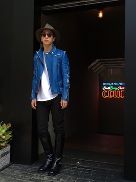 「アイテム（ライダースジャケット）」を使った、hideandrideさん（メンズ・178cm）の秋コーディネート