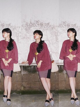 「アイテム（チュニック、レッド系）」を使った、eriさん（レディース・160cm）の夏コーディネート