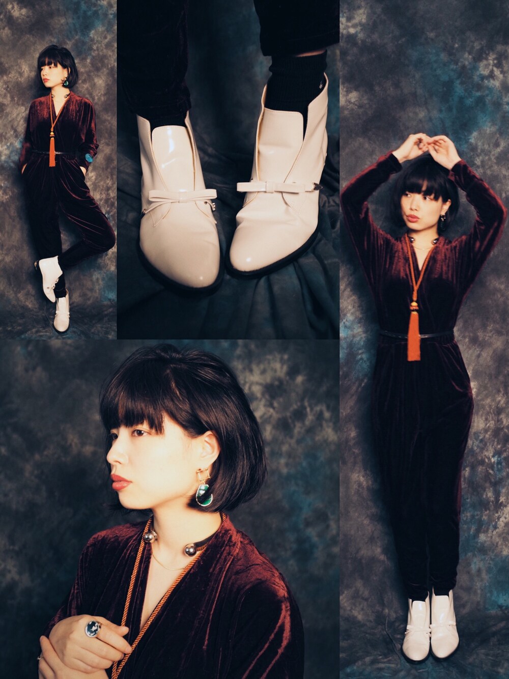 レッド系のつなぎ/オールインワン、ホワイト系のブーツ、グリーン系のピアス(両耳用)を着用したレディースの秋コーディネートの1枚目の写真