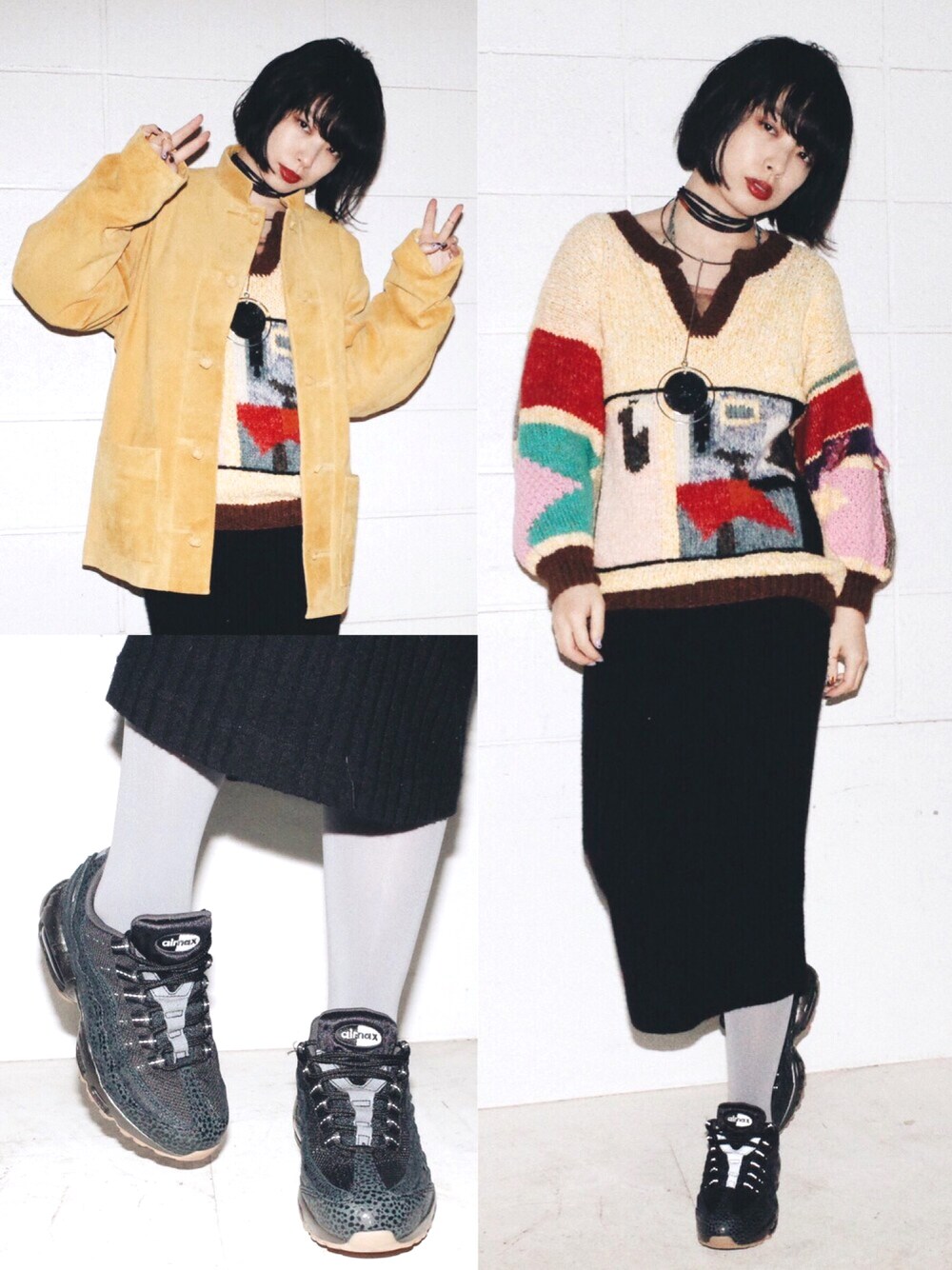 ブラック系のスニーカー、ブラック系のスカート、イエロー系のニット/セーターを着用したレディースの春コーディネートの1枚目の写真