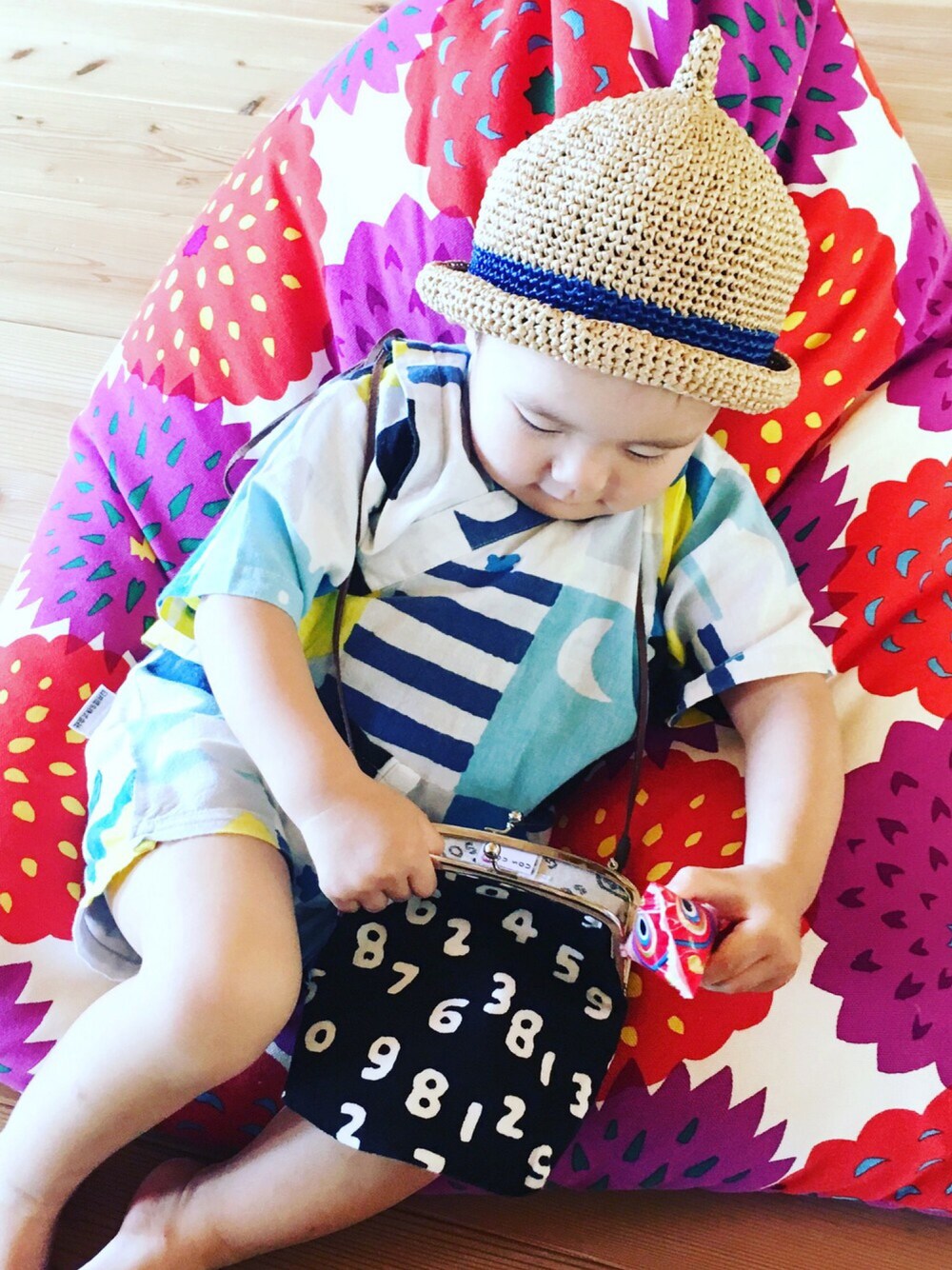 「キッズコーデ、kids、kidsfashion、麦わら帽子、どんぐり帽、SOU・SOU、カラフル、甚平」｜「Handmadeのアイテム（帽子、ベージュ系）」を使った、sou622さん（キッズ・90cm）の春コーディネートの1枚目の写真