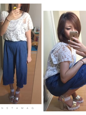 「デニムガウチョ」｜ayaさん（レディース・160cm）の夏コーディネート