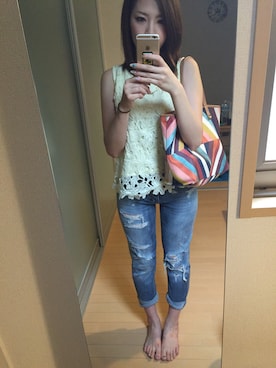 「OZOC（オゾック）のノースリーブレースカットソー（Tシャツ/カットソー、イエロー系）」を使った、ayaさん（レディース・160cm）の夏コーディネート
