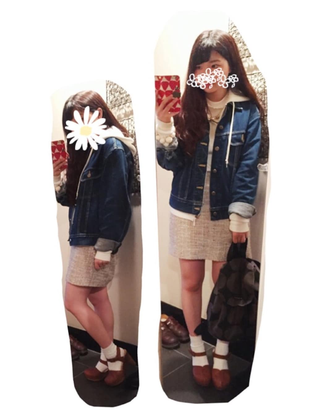 ブルー系のデニムジャケット、ホワイト系のパーカー、ホワイト系のトップスを着用したレディースの春コーディネートの1枚目の写真