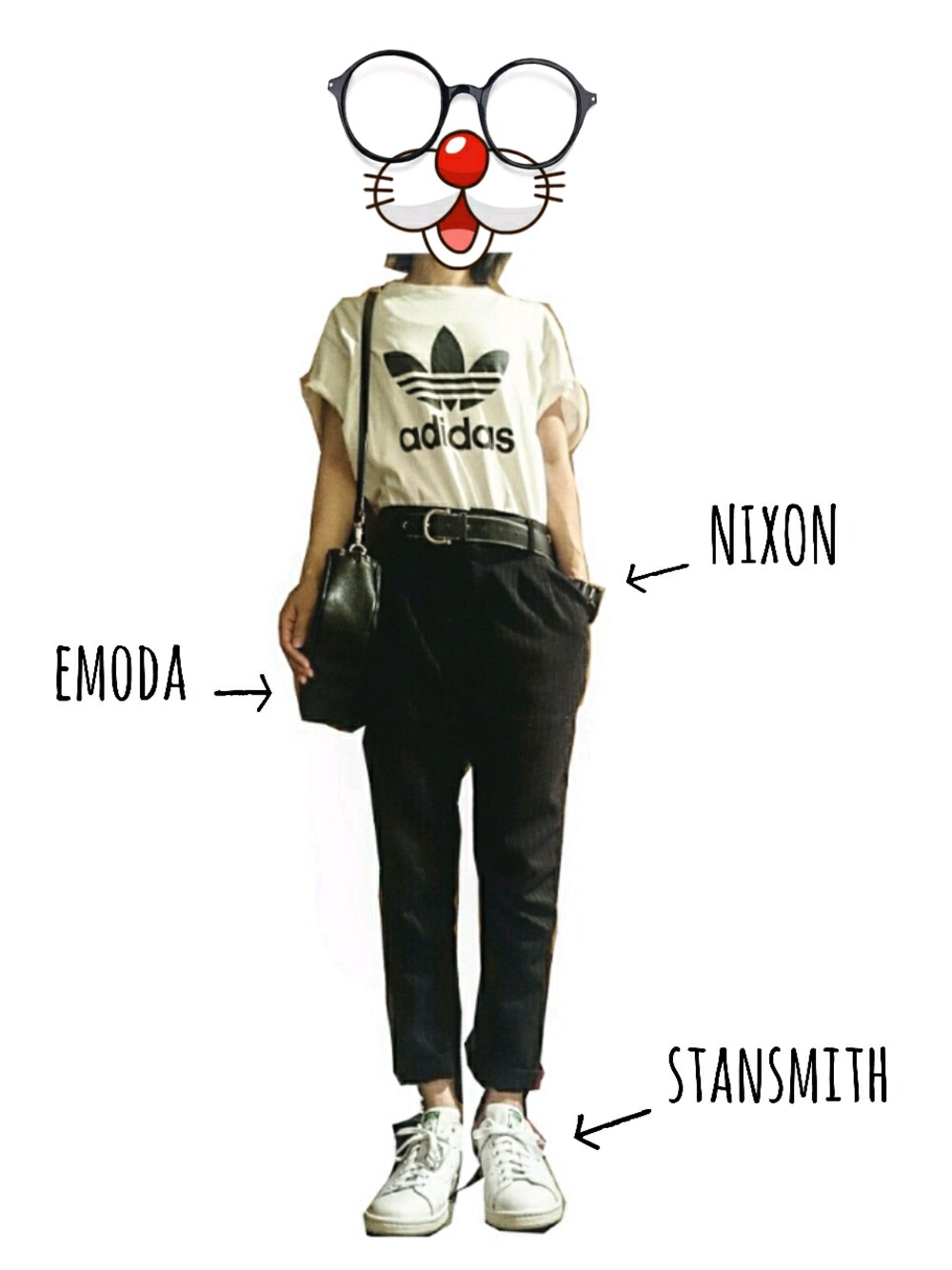 「adidas、M品番、緑、EMODA、NIXON、白黒、モノトーン、パンツスタイル、Tシャツ、バッグ」｜「adidasのオリジナルス Tシャツ[BERMUDA L TEE]（Tシャツ/カットソー、ホワイト系）」を使った、ゆータロスさん（レディース・158cm）の夏コーディネートの1枚目の写真
