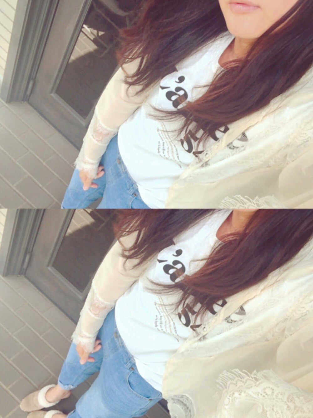 ベージュ系のカーディガン/ボレロ、ホワイト系のTシャツ/カットソー、ブルー系のデニムパンツを着用したレディースの秋コーディネートの1枚目の写真