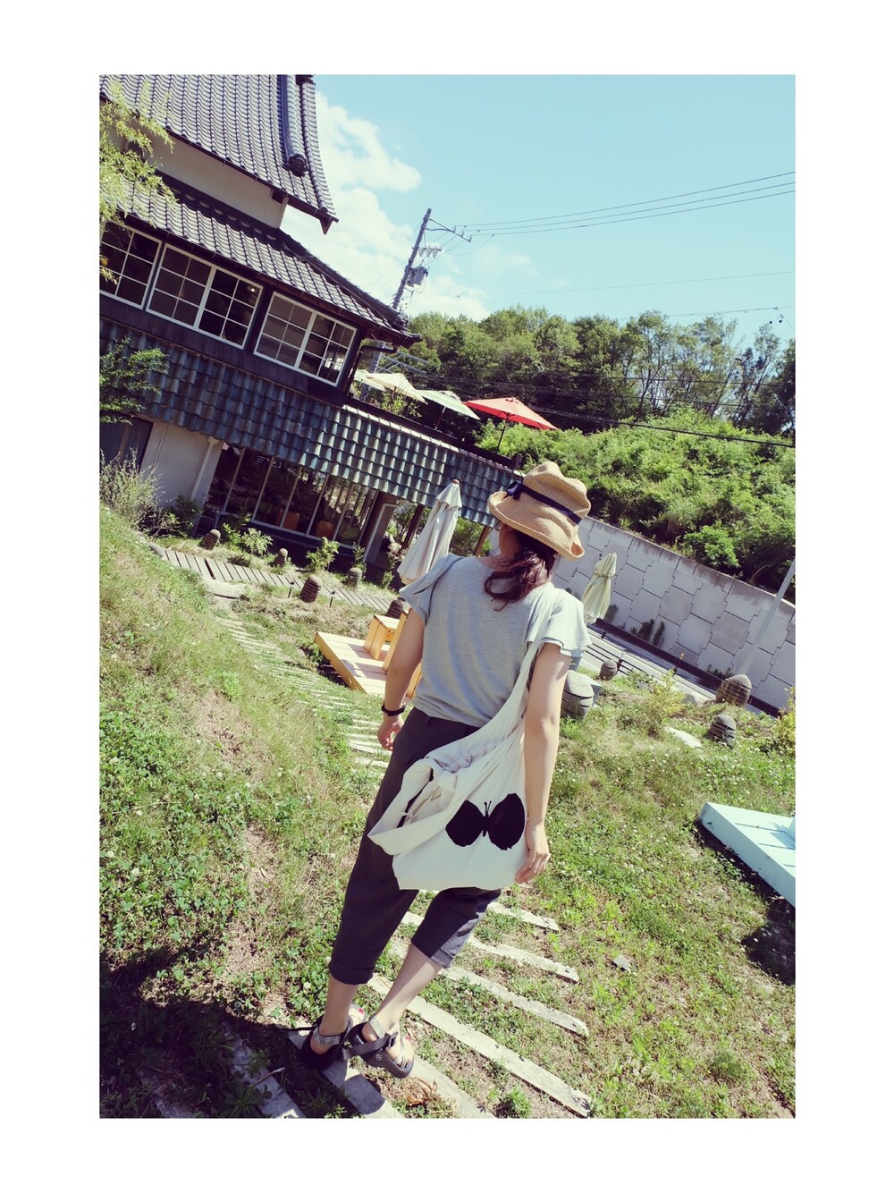 「mina perhonen、mature ha、グレー、ワントーンコーデ、帽子、chaco」｜「mature ha.のアイテム（帽子、ベージュ系）」を使った、kaoru*‥さん（レディース・158cm）の夏コーディネートの1枚目の写真