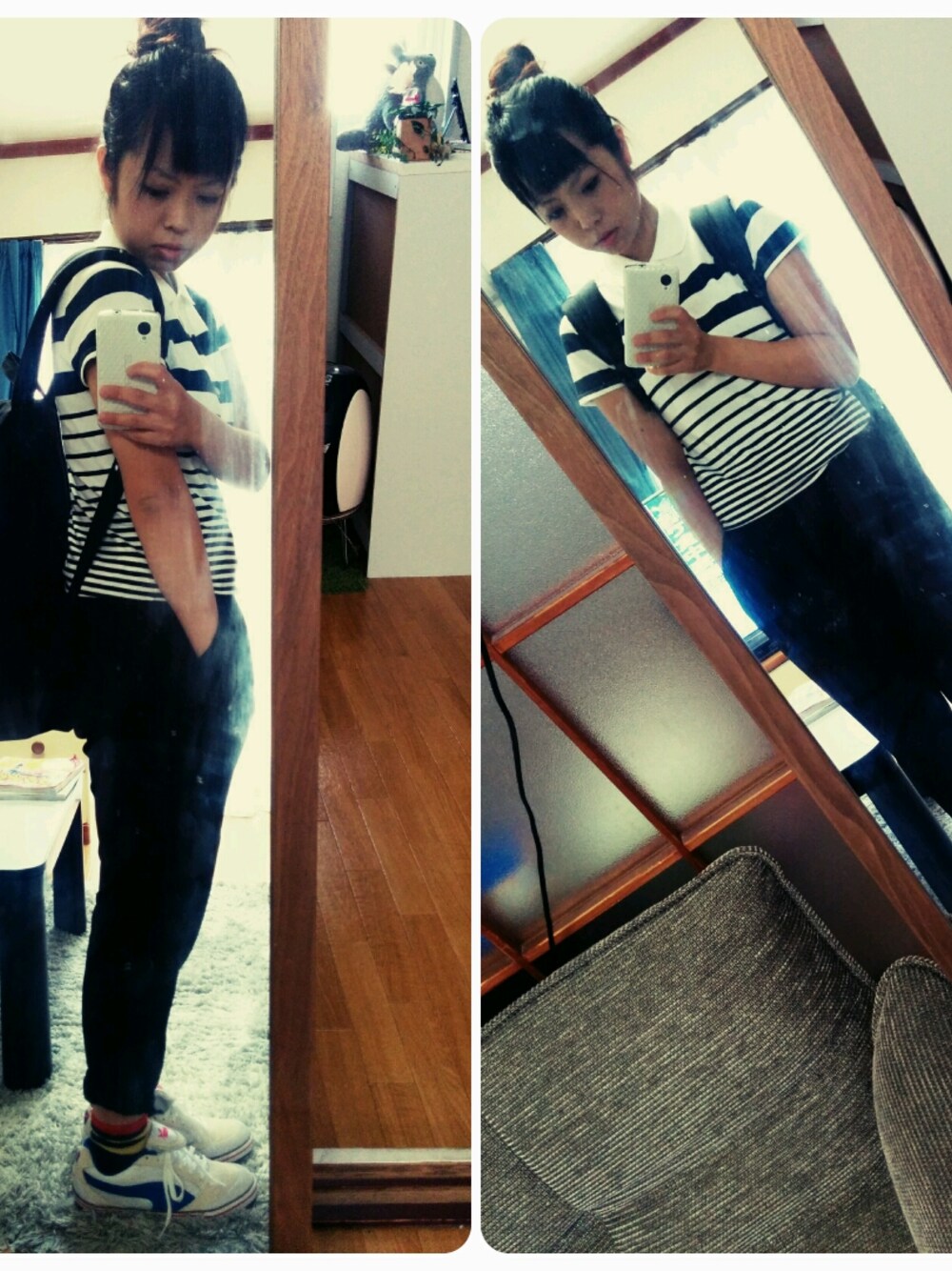 ブラック系のその他パンツ、ブラック系のバックパック/リュックを着用したレディースの夏コーディネートの1枚目の写真