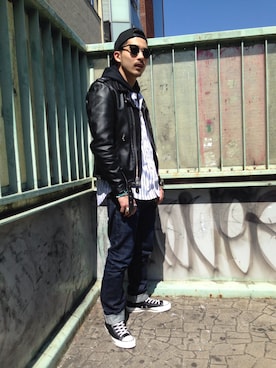 「ベースボールシャツ」｜「アイテム（ライダースジャケット）」を使った、Tomoya  Miuraさん（メンズ・169cm）の春コーディネート