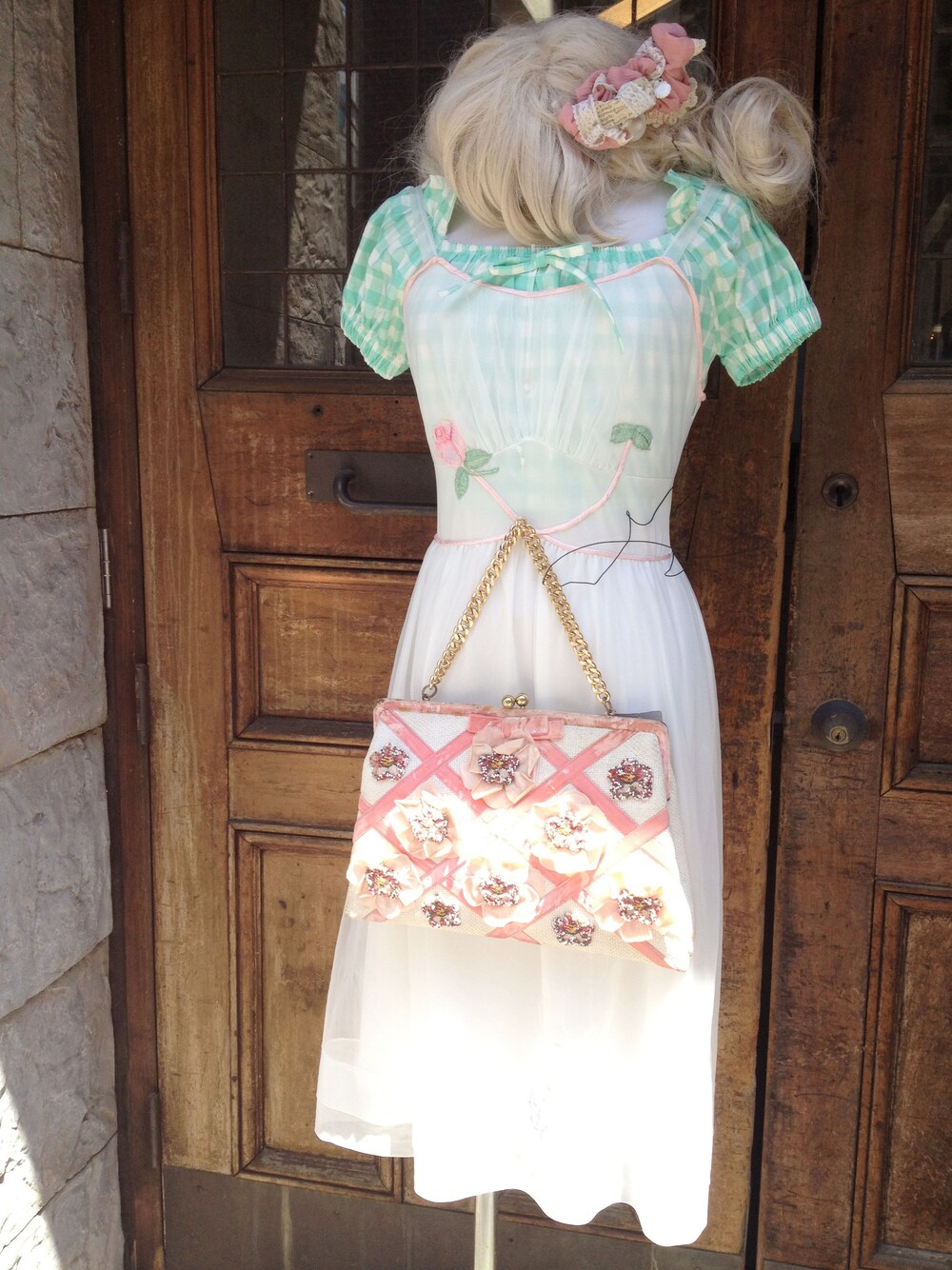「古着、ワンピース、ピンク、 ｖｉｎｔａｇｅ、白、ギンガムチェック、ガーリー、ランジェリー、パフスリーブ、クロップトトップス」｜「ギンガムチェッククロップトトップス（トップス、ブルー系）」を使った、G2?さん（レディース・160cm）の春コーディネートの1枚目の写真