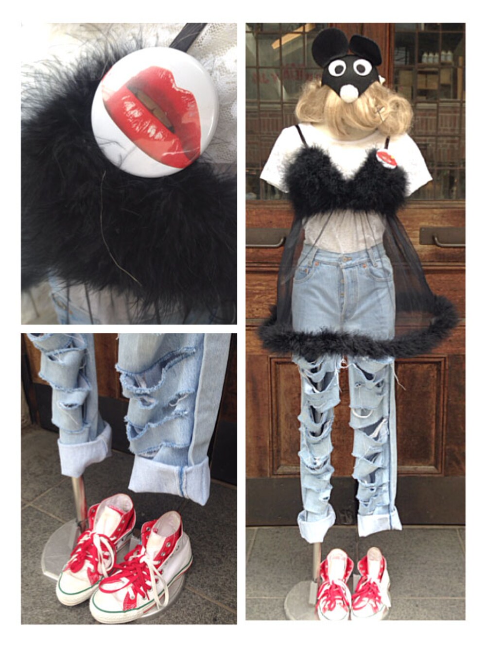 「古着、converse、レース、レイヤードスタイル、ビスチェ、ダメージデニムパンツ、シースルー、ランジェリー、透けトップス」｜「フェザーランジェリー（その他トップス、ブラック系）」を使った、G2?さん（レディース・160cm）の夏コーディネートの1枚目の写真