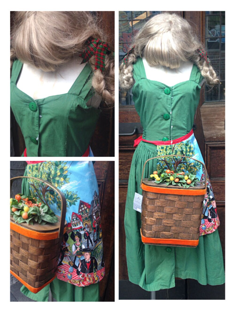 「古着、ワンピース、夏、used、vintage、エプロン、フィットアンドフレア、かごバッグ、民族衣装風、チロル」｜「VINTAGE 街並柄エプロン（その他、その他）」を使った、G2?さん（レディース・160cm）の夏コーディネートの1枚目の写真