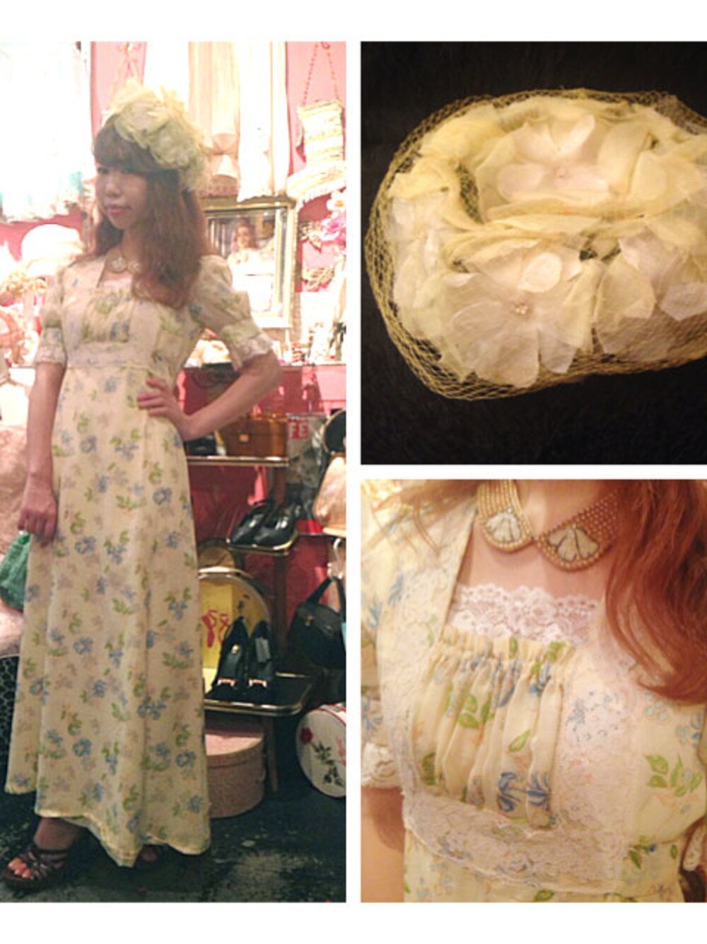 「古着、ワンピース、used、VINTAGE、花柄、ドレス、ヘッドドレス、70's、付け襟、襟」｜「VINTAGE フラワーヘッドドレス（ハット、イエロー系）」を使った、G2?さん（レディース・151cm）の夏コーディネートの1枚目の写真