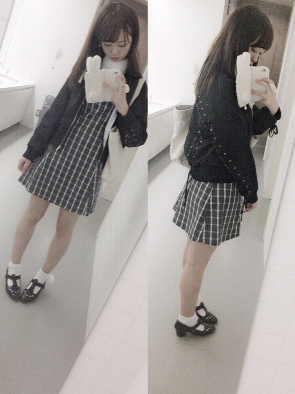 「E hyphen world gallery Bon BonのLace Up Cross Boulson（ブルゾン、ブラック系）」を使った、バイちゃんさん（レディース・171cm）の秋コーディネートの1枚目の写真