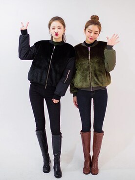 「chuu（チュー）のアイテム（ライダースジャケット）」を使った、츄さん（レディース・164cm）の冬コーディネート
