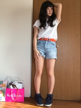 「NATURAL BEAUTY BASIC（ナチュラルビューティーベーシック）のアイテム（Tシャツ/カットソー、ホワイト系）」を使った、めいさん（レディース・153cm）の春コーディネート