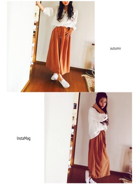 「BABYLONE（バビロン）のアイテム（その他パンツ、ブラウン系）」を使った、めいさん（レディース・153cm）の秋コーディネート