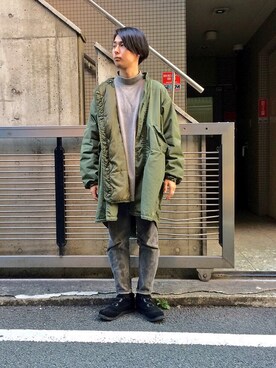 「m65のアイテム（ミリタリージャケット、グリーン系）」を使った、正盛さん（メンズ・172cm）の冬コーディネート