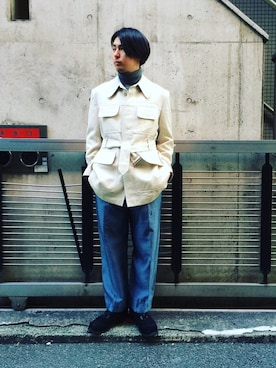 「SPECTUSSHOECO.（スペクタスシューコー）のアイテム（ブーツ、ブラック系）」を使った、正盛さん（メンズ・172cm）の冬コーディネート