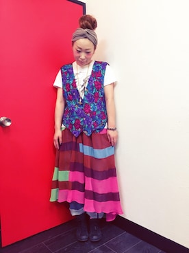 「アイテム（ベスト、パープル系）」を使った、RYOKOさん（レディース・151cm）の夏コーディネート