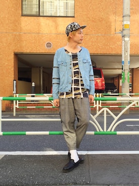 「SHAREEF（シャリーフ）のアイテム（デニムジャケット）」を使った、タカハタ ヒロキさん（メンズ・183cm）の春コーディネート
