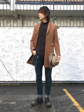「シャリーフ(SHAREEF)」｜「アイテム（チェスターコート）」を使った、タカハタ ヒロキさん（メンズ・183cm）の冬コーディネート