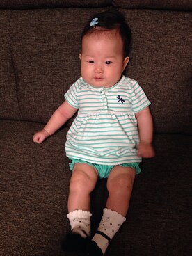 「アイテム（ママ＆ベビー、グリーン系）」を使った、akiさん（キッズ・60cm）の春コーディネート