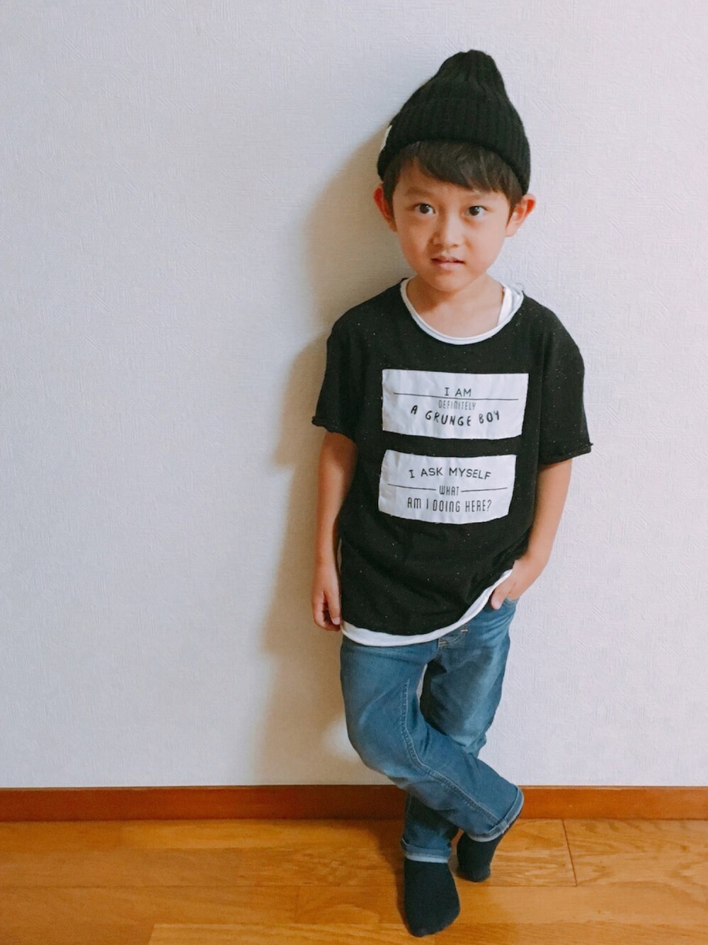 「kids、シンプル、ニット帽、ザラキッズ、LEE、ZARA KIDS、5歳、カジュアル、おとこのこ」｜「Leeの【KIDS】LEE(リー)リブ ストレート パンツ◆（デニムパンツ、ブルー系）」を使った、somamaさん（キッズ・110cm）の秋コーディネートの1枚目の写真