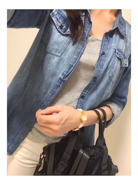 「ダンガリーシャツ」｜「アイテム（ハンドバッグ）」を使った、hannnaさん（レディース・170cm）の秋コーディネート