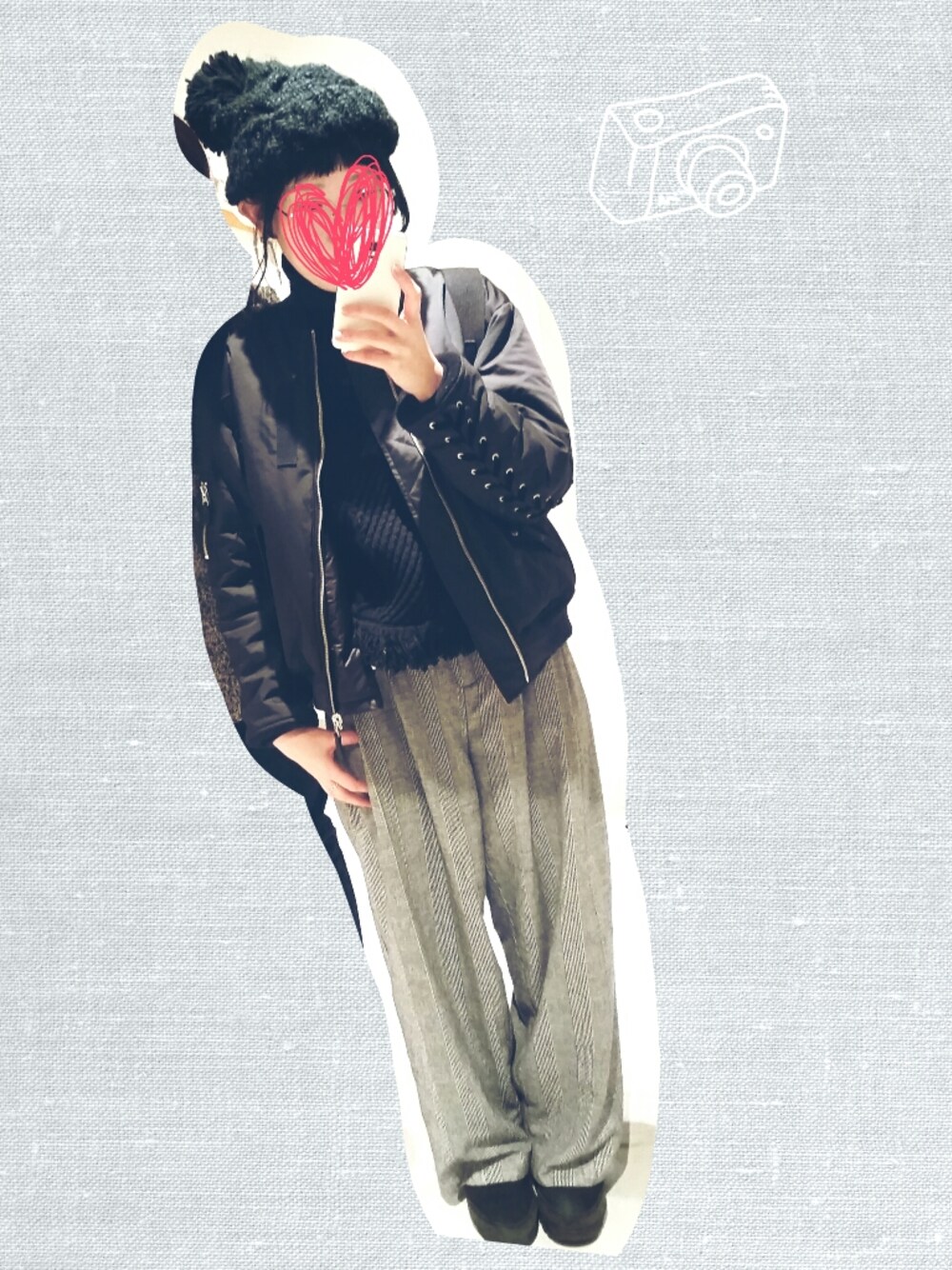 「ニット帽、冬コーデ」｜「G.V.G.V.のLACE UP MA-1 BLOUSON（ブルゾン、ブラック系）」を使った、ぴこさん（レディース・166cm）の冬コーディネートの1枚目の写真