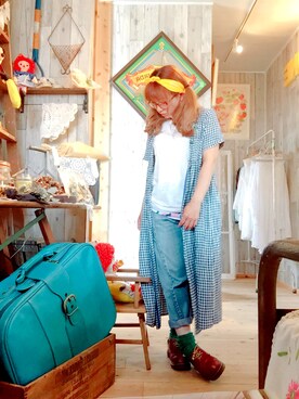 「古着のアイテム（ワンピース、ブルー系）」を使った、おやつ。さん（レディース・152cm）の夏コーディネート