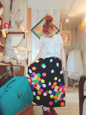 「古着のアイテム（スカート、ブラック系）」を使った、おやつ。さん（レディース・152cm）の夏コーディネート