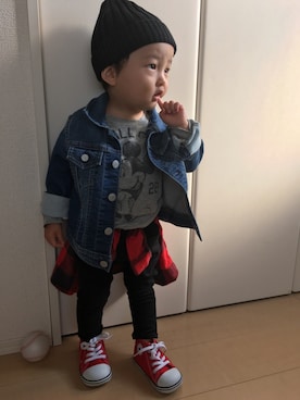 「息子コーデ」｜「アイテム（デニムジャケット）」を使った、yuuchamさん（キッズ・80cm）の春コーディネート