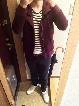 「no brand（ノーブランド）のアイテム（パーカー、レッド系）」を使った、gouyanさん（メンズ・174cm）の秋コーディネート
