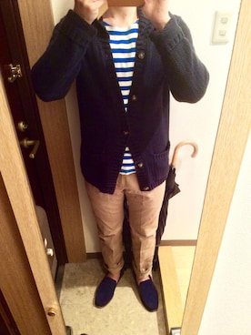 「no brand（ノーブランド）のアイテム（ニット/セーター、ブルー系）」を使った、gouyanさん（メンズ・174cm）の秋コーディネート