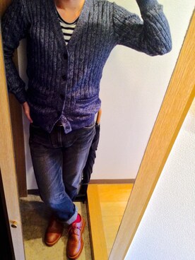 「no brand（ノーブランド）のアイテム（カーディガン/ボレロ、ブルー系）」を使った、gouyanさん（メンズ・174cm）の冬コーディネート